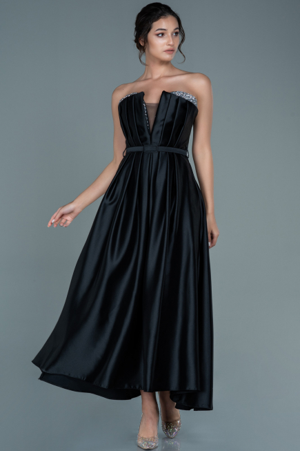 Robe de Soirée Midi Satin Noir ABK1508