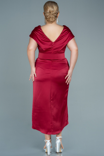 Robe de Soirée Grande Taille Midi Satin Rouge Bordeaux ABK1499