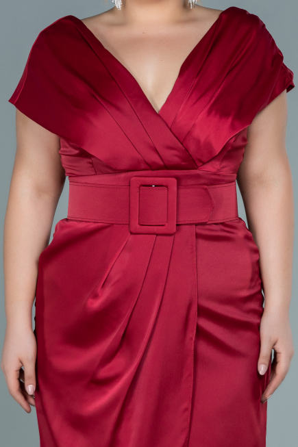 Robe de Soirée Grande Taille Midi Satin Rouge Bordeaux ABK1499