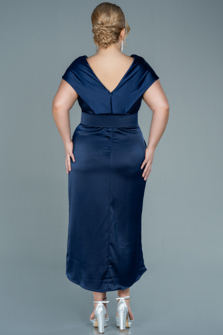 Robe de Soirée Grande Taille Midi Satin Bleu Marine ABK1499