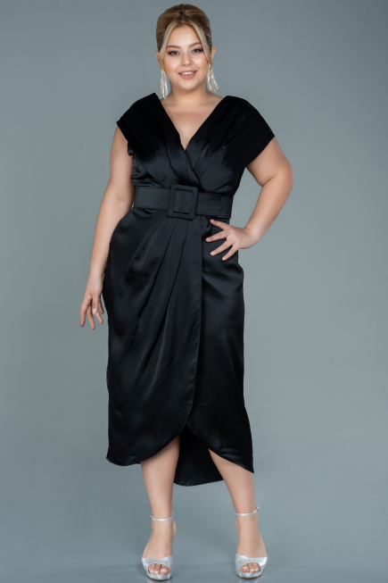 Robe de Soirée Grande Taille Midi Satin Noir ABK1499