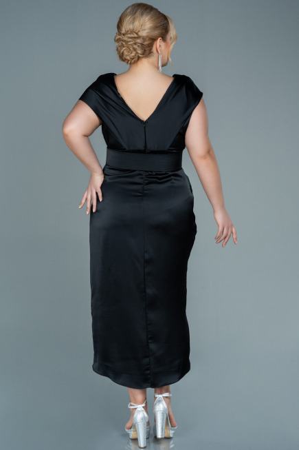 Robe de Soirée Grande Taille Midi Satin Noir ABK1499