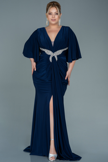 Robe de Soirée Grande Taille Longue Satin Bleu Marine ABU2646