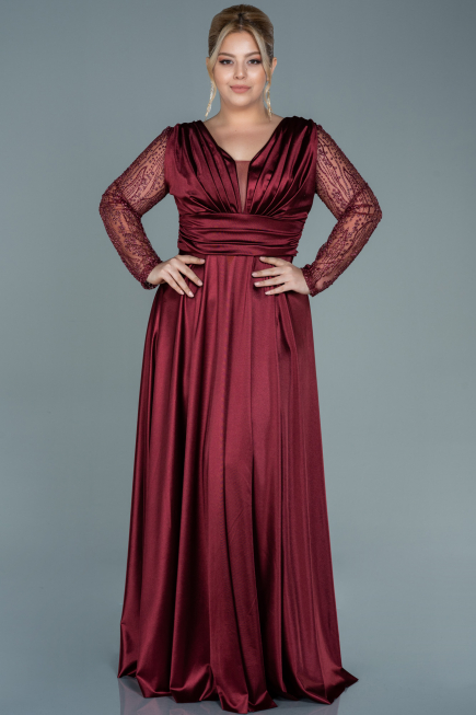 Robe de Soirée Grande Taille Longue Satin Rouge Bordeaux ABU2641