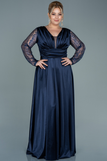 Robe de Soirée Grande Taille Longue Satin Bleu Marine ABU2641