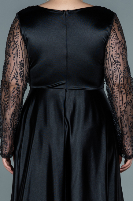 Robe de Soirée Grande Taille Longue Satin Noir ABU2641