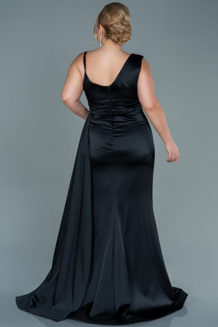 Robe de Soirée Grande Taille Longue Satin Noir ABU2599