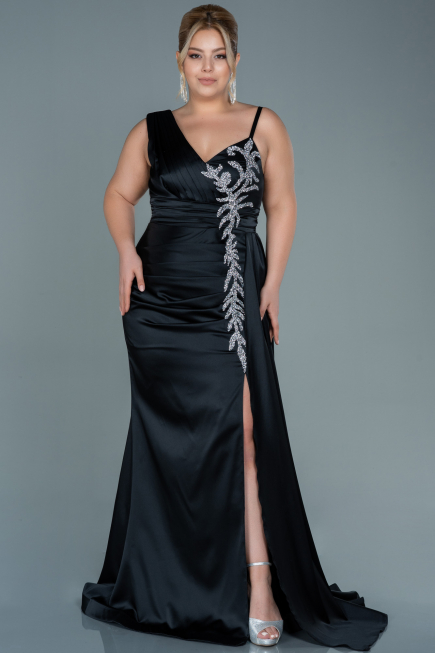 Robe de Soirée Grande Taille Longue Satin Noir ABU2599