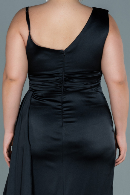 Robe de Soirée Grande Taille Longue Satin Noir ABU2599