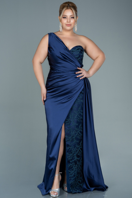 Robe de Soirée Grande Taille Longue Satin Bleu Marine ABU2559