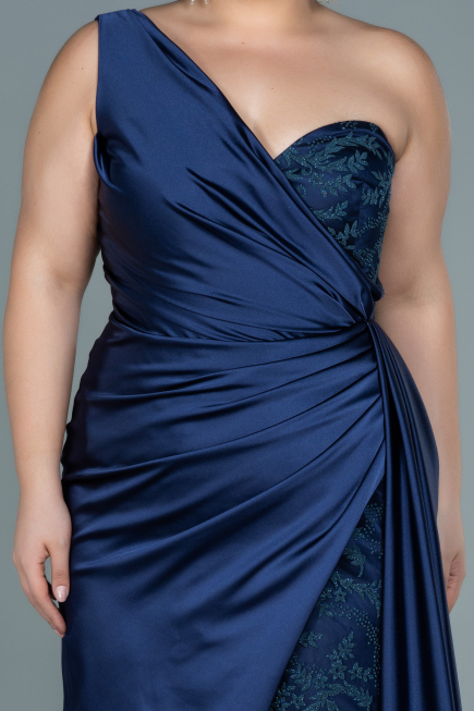 Robe de Soirée Grande Taille Longue Satin Bleu Marine ABU2559