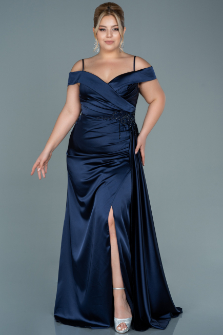 Robe de Soirée Grande Taille Longue Satin Bleu Marine ABU2644