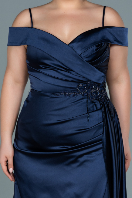 Robe de Soirée Grande Taille Longue Satin Bleu Marine ABU2644