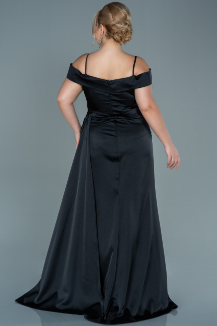 Robe de Soirée Grande Taille Longue Satin Noir ABU2644