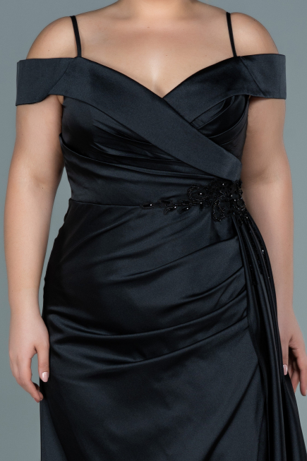 Robe de Soirée Grande Taille Longue Satin Noir ABU2644