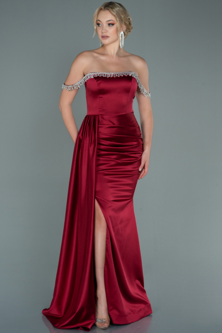 Robe de Soirée Longue Satin Rouge Bordeaux ABU2618