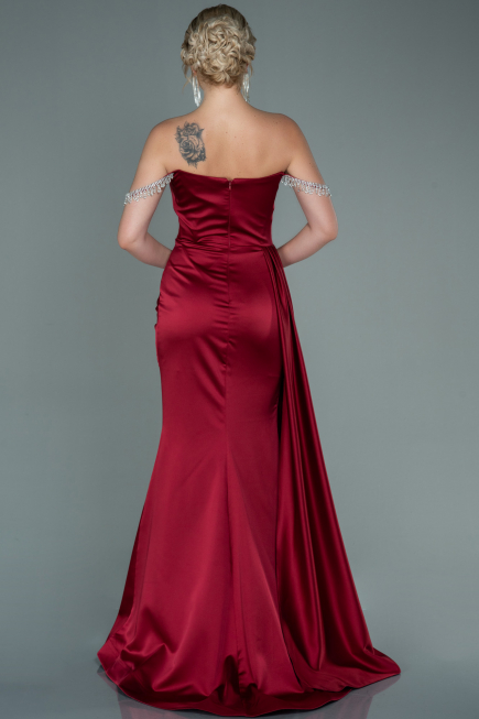 Robe de Soirée Longue Satin Rouge Bordeaux ABU2618