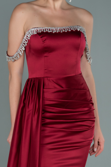 Robe de Soirée Longue Satin Rouge Bordeaux ABU2618