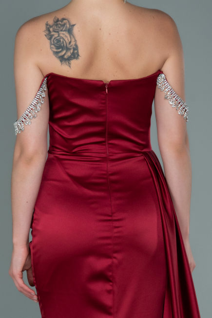 Robe de Soirée Longue Satin Rouge Bordeaux ABU2618