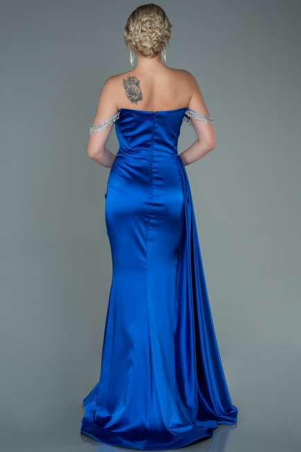 Robe de Soirée Longue Satin Bleu Saxe ABU2618