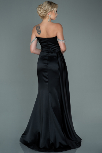 Robe de Soirée Longue Satin Noir ABU2618