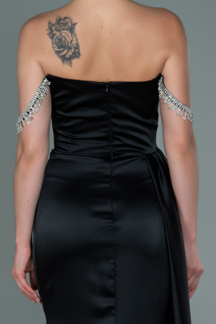 Robe de Soirée Longue Satin Noir ABU2618