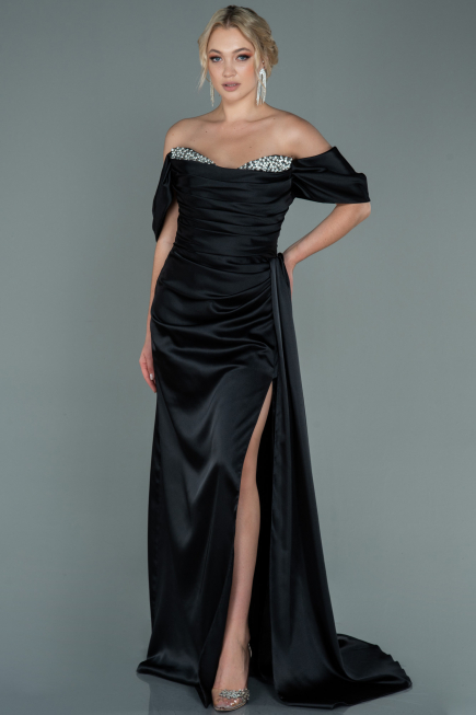 Robe de Soirée Longue Satin Noir ABU2661
