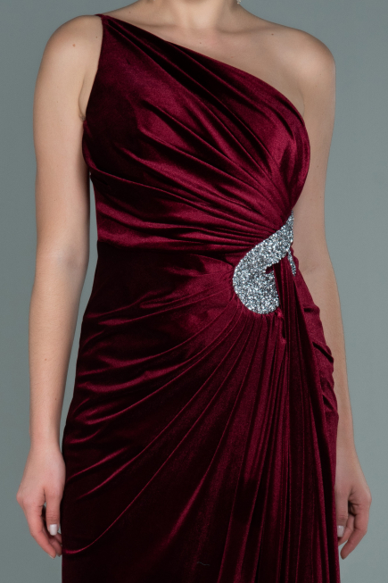 Robe de Soirée Longue Velours Rouge Bordeaux ABU2626