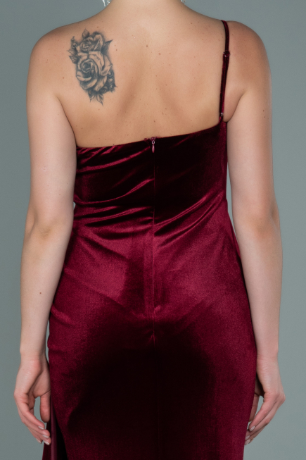 Robe de Soirée Longue Velours Rouge Bordeaux ABU2626