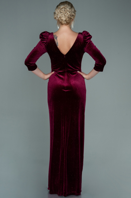 Robe de Soirée Longue Velours Rouge Bordeaux ABU2653
