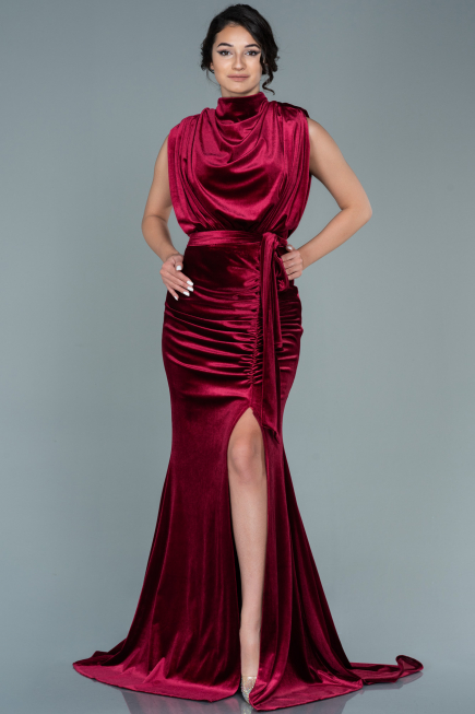 Robe de Soirée Longue Velours Rouge Bordeaux ABU2668