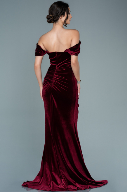 Robe de Soirée Longue Velours Rouge Bordeaux ABU2672