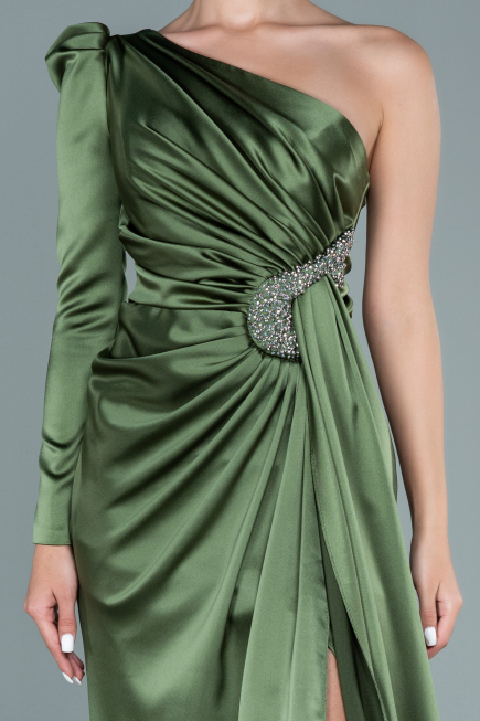 Robe de Soirée Longue Satin Kaki ABU2676