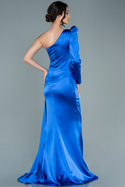 Robe de Soirée Longue Satin Bleu Saxe ABU2676