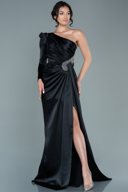 Robe de Soirée Longue Satin Noir ABU2676