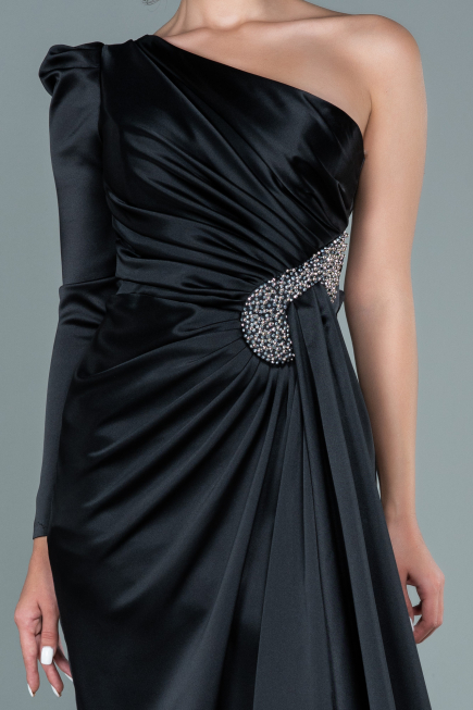 Robe de Soirée Longue Satin Noir ABU2676