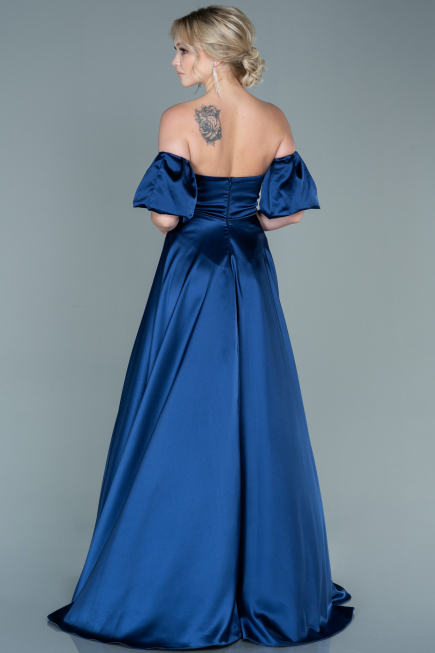 Robe de Soirée Longue Satin Bleu Marine ABU2614