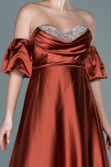 Robe de Soirée Longue Satin Marron Clair ABU2614