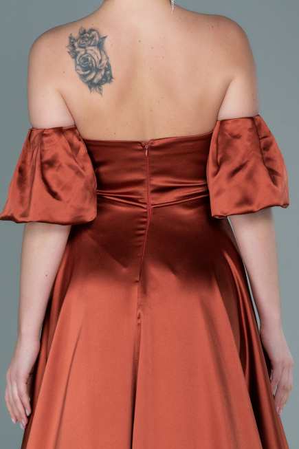 Robe de Soirée Longue Satin Marron Clair ABU2614