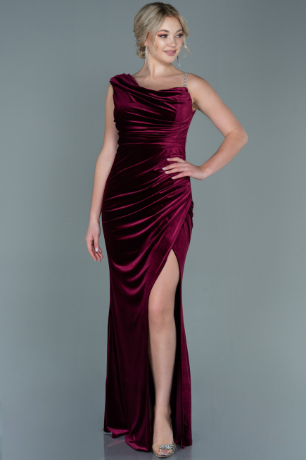 Robe de Soirée Longue Velours Rouge Bordeaux ABU2687