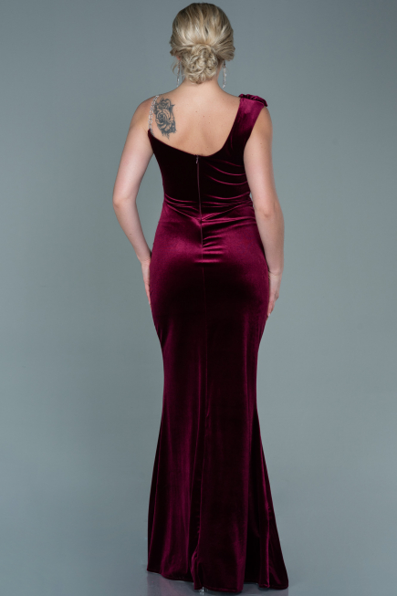 Robe de Soirée Longue Velours Rouge Bordeaux ABU2687