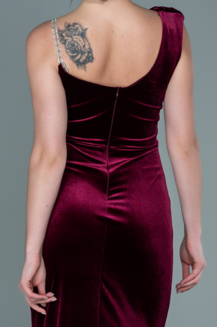 Robe de Soirée Longue Velours Rouge Bordeaux ABU2687