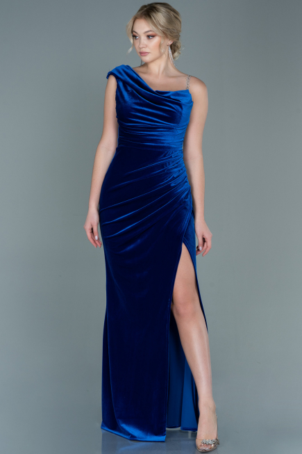 Robe de Soirée Longue Velours Bleu Saxe ABU2687