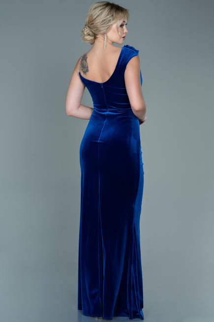 Robe de Soirée Longue Velours Bleu Saxe ABU2687