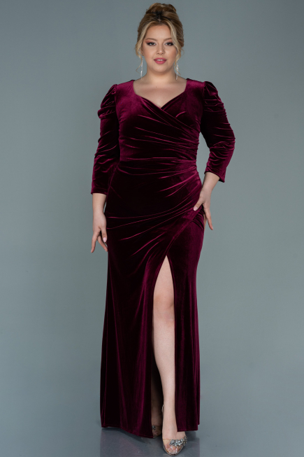 Robe de Soirée Grande Taille Longue Velours Rouge Bordeaux ABU2697