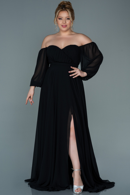 Robe de Soirée Grande Taille Longue Mousseline Noir ABU2597