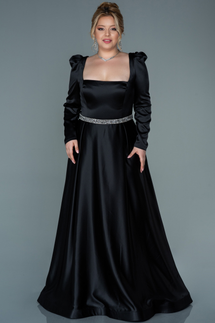 Robe de Soirée Grande Taille Longue Satin Noir ABU2684