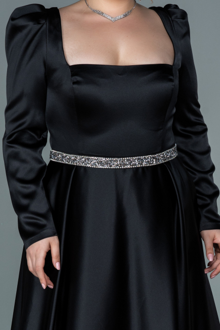 Robe de Soirée Grande Taille Longue Satin Noir ABU2684