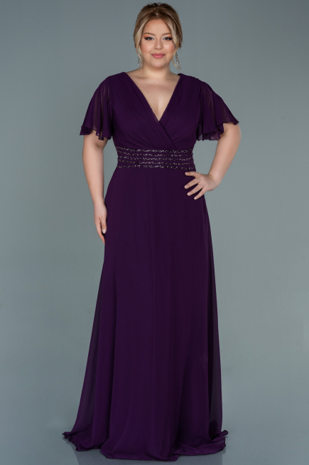 Robe de Soirée Grande Taille Longue Mousseline Violet ABU2755