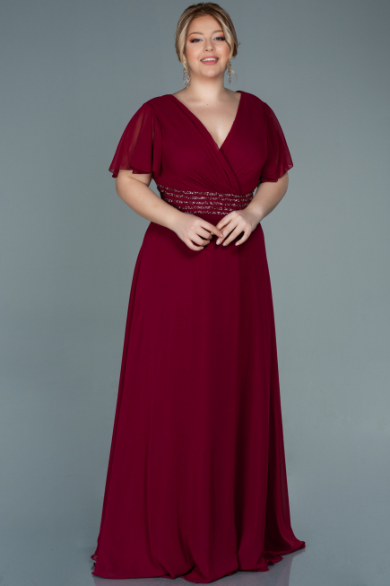 Robe de Soirée Grande Taille Longue Mousseline Rouge Bordeaux ABU2755